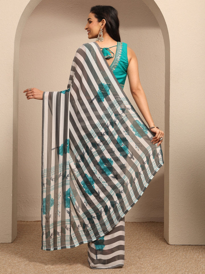 White Printed Georgette Saree With Unstitched Blouse Piece