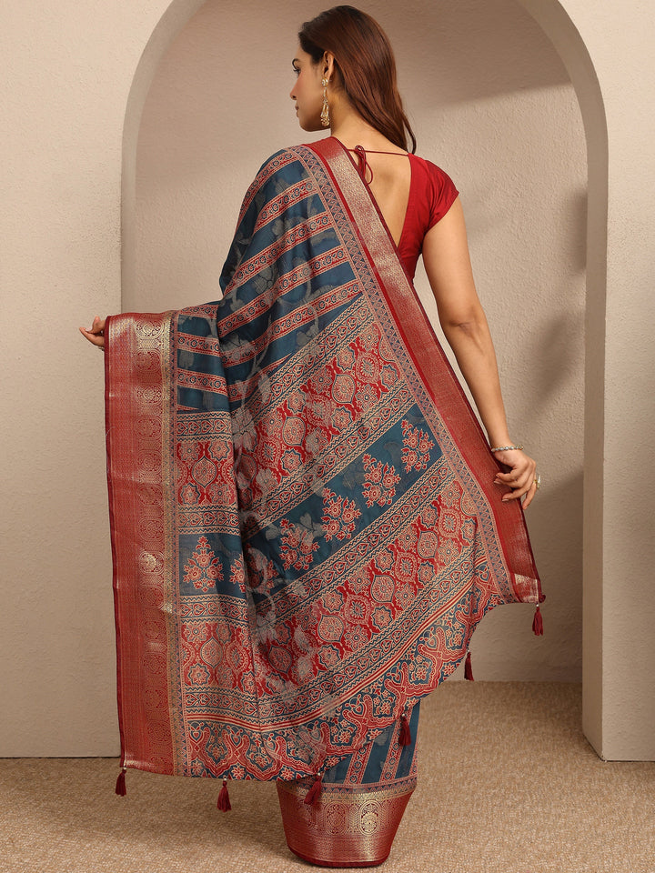 Blue Printed Silk Blend Saree With Unstitched Blouse Piece