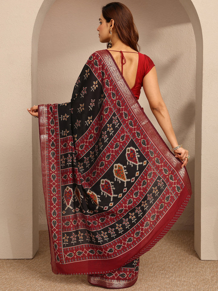 Black Printed Silk Blend Saree With Unstitched Blouse Piece