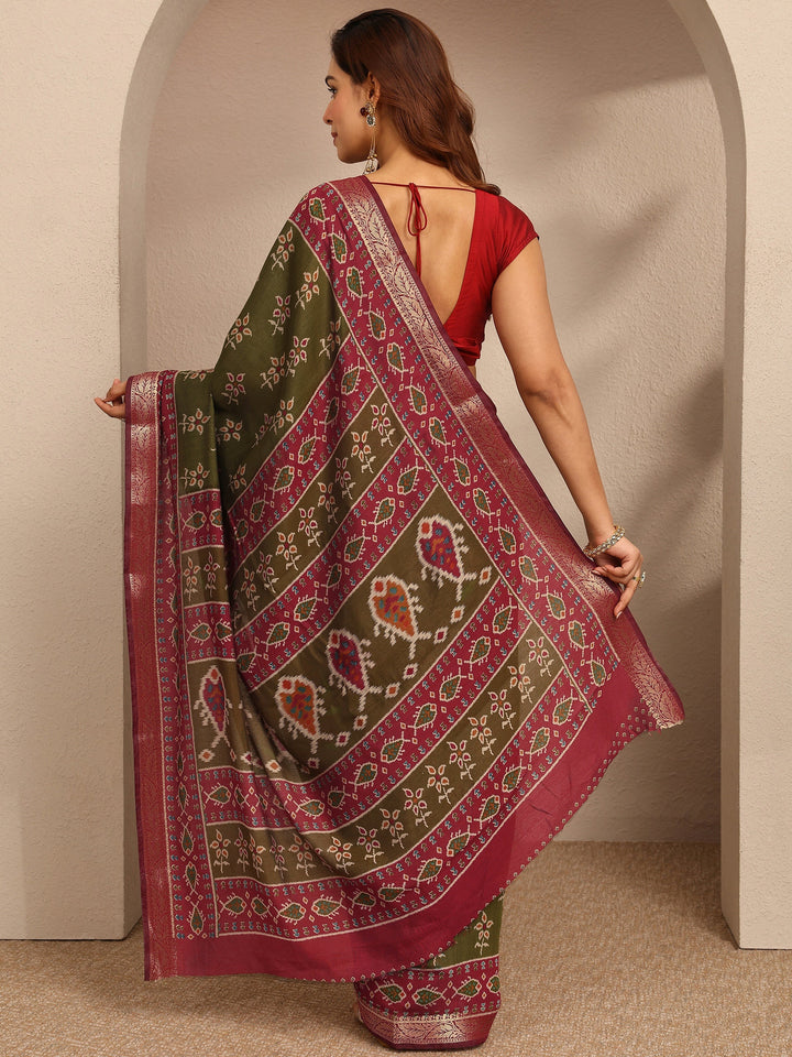 Green Printed Silk Blend Saree With Unstitched Blouse Piece