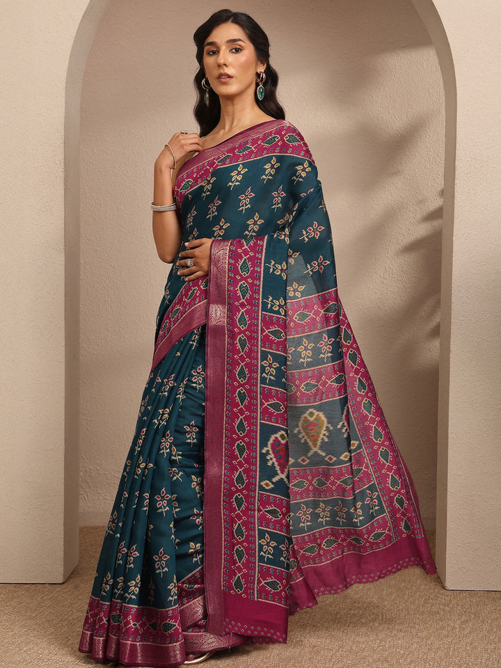 Blue Printed Silk Blend Saree With Unstitched Blouse Piece