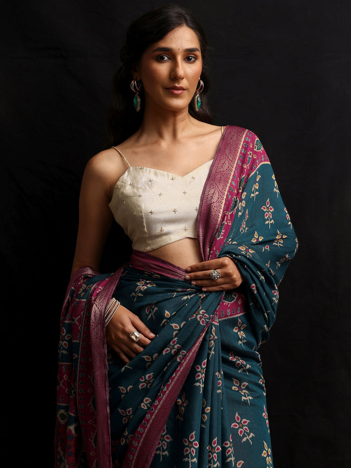 Blue Printed Silk Blend Saree With Unstitched Blouse Piece
