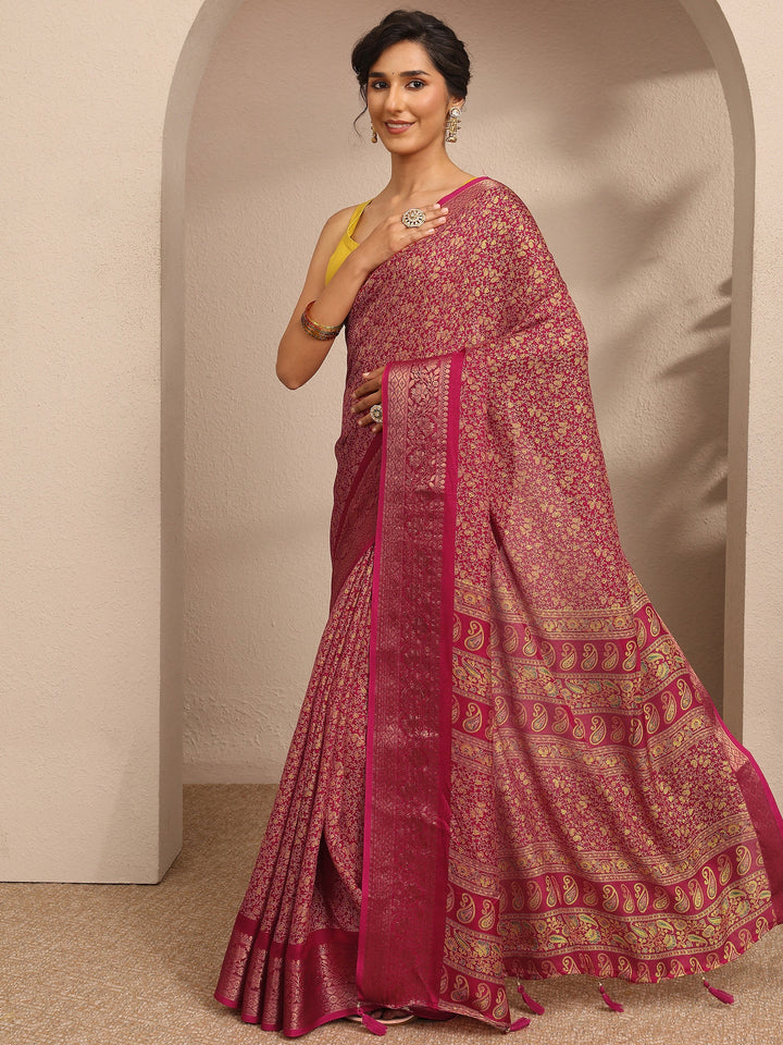 Pink Printed Silk Blend Saree With Unstitched Blouse Piece