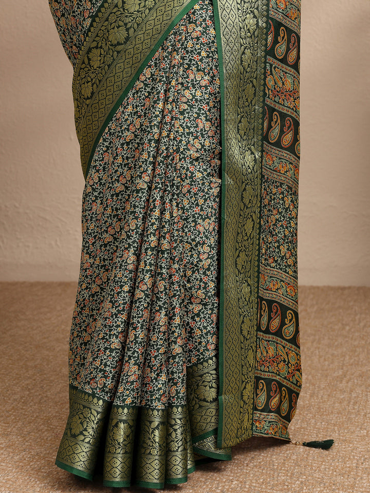 Green Printed Silk Blend Saree With Unstitched Blouse Piece