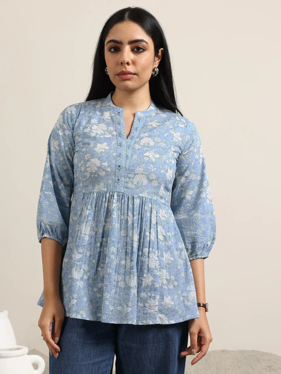 Libas Blue Printed Cotton Anarkali Kurti