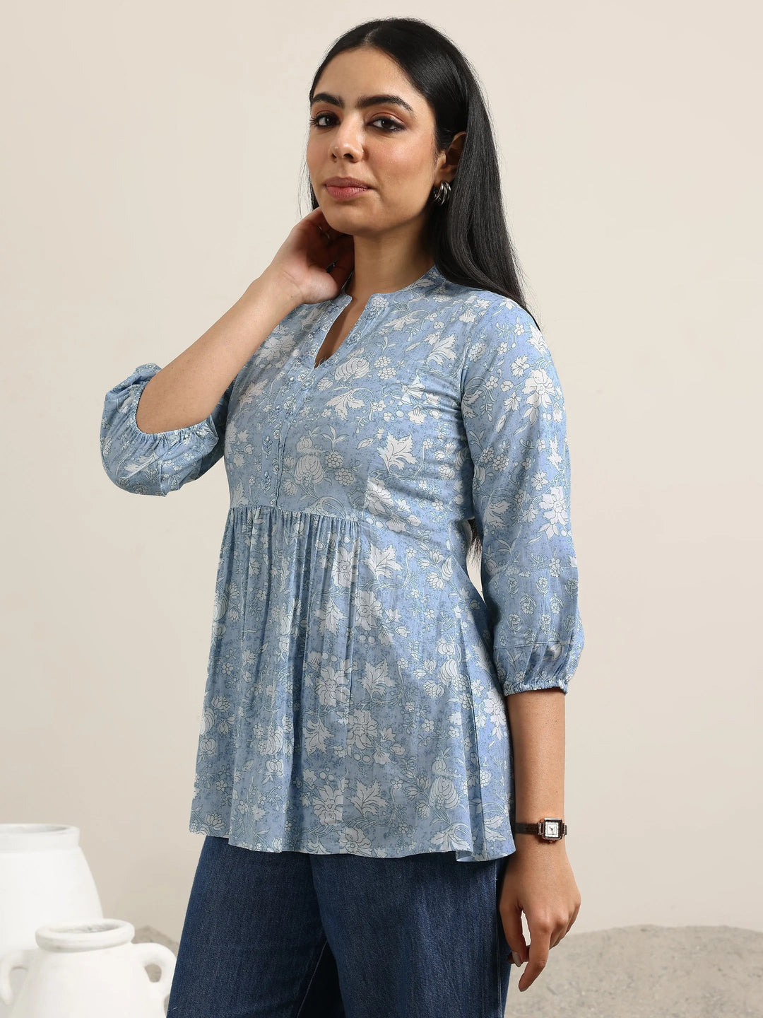 Libas Blue Printed Cotton Anarkali Kurti