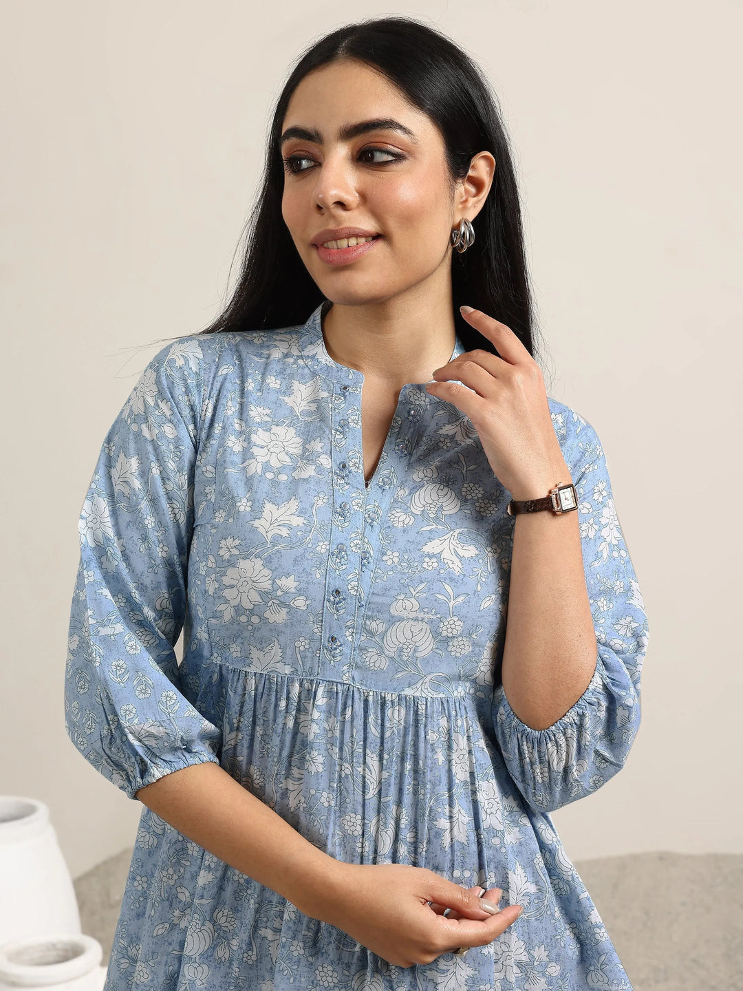 Libas Blue Printed Cotton Anarkali Kurti