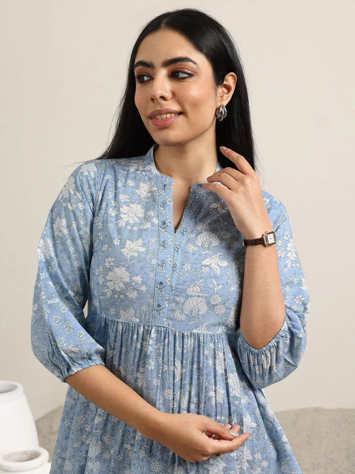 Libas Blue Printed Cotton Anarkali Kurti