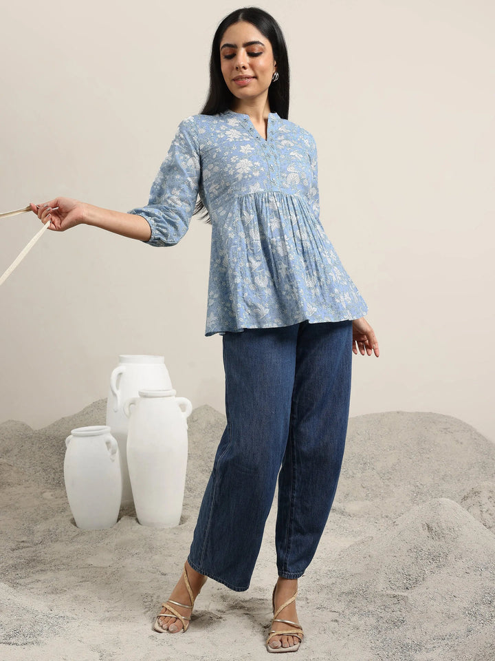 Libas Blue Printed Cotton Anarkali Kurti