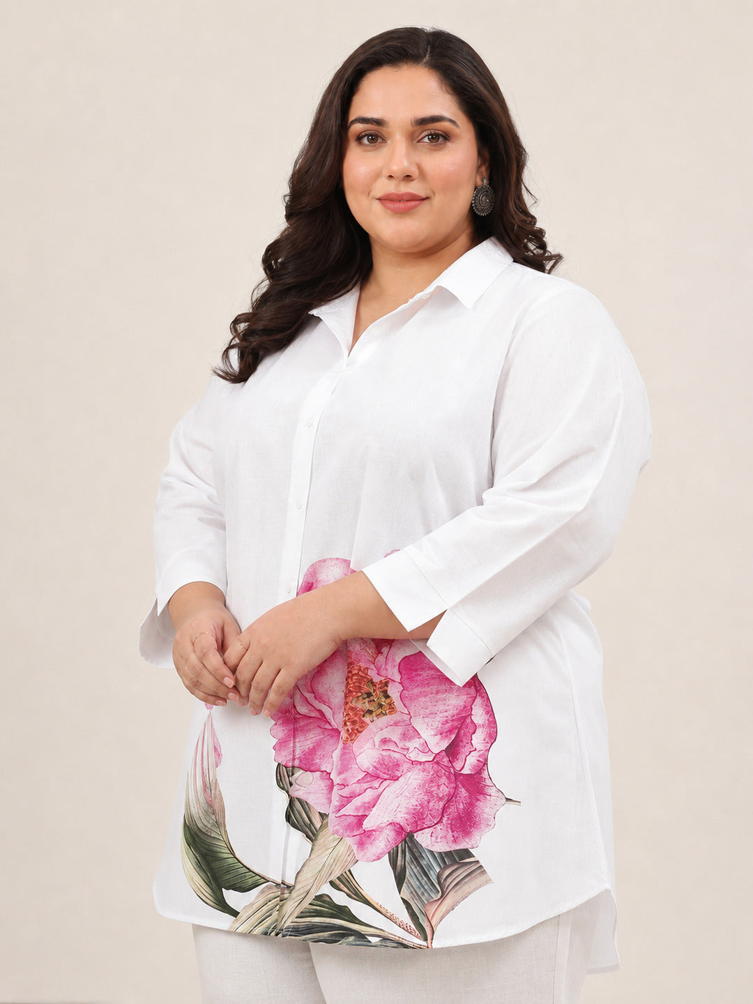 Plus Size White Printed Cotton Blend Straight Short Kurti