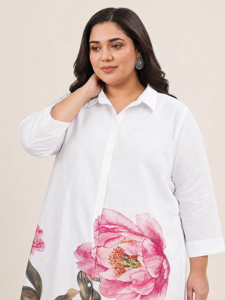 Plus Size White Printed Cotton Blend Straight Short Kurti