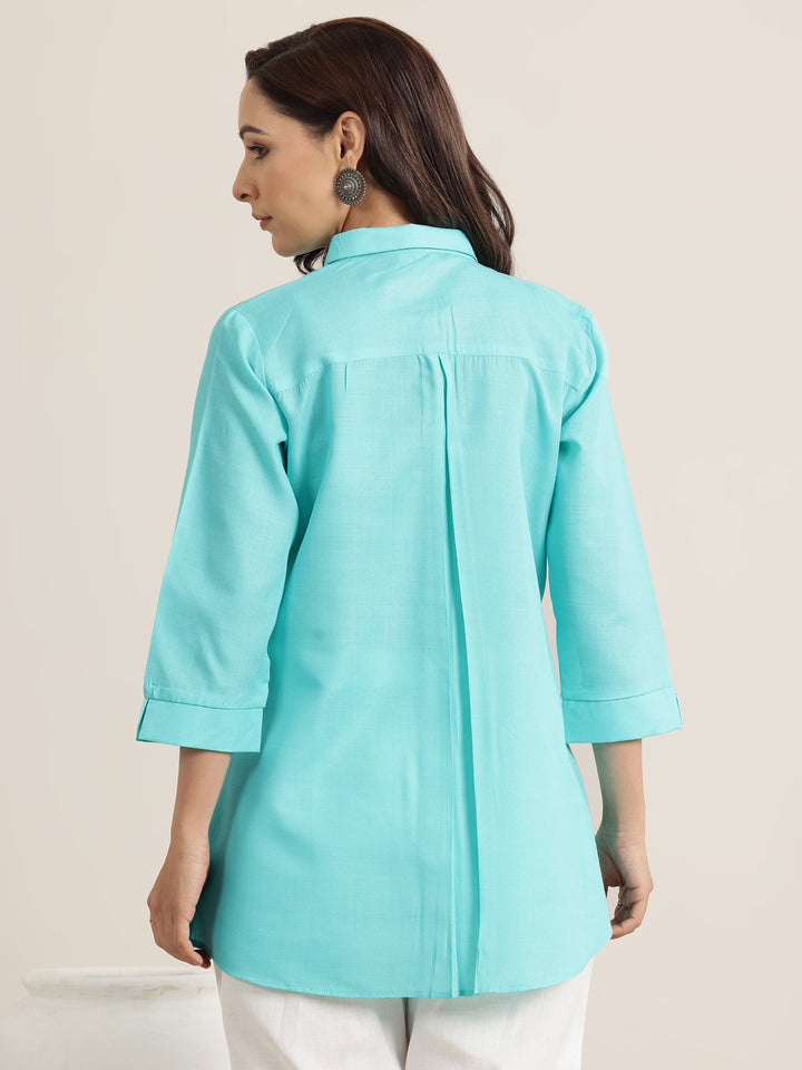 Blue Printed Cotton Blend Straight Short Kurti