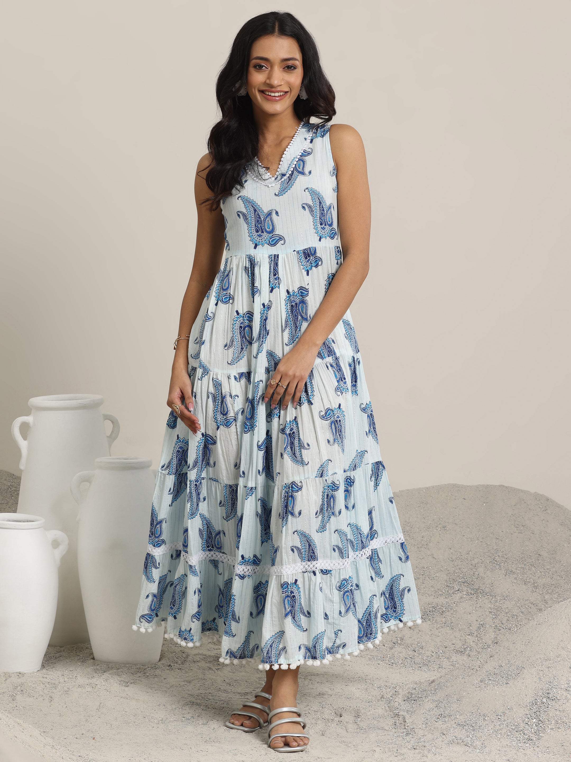 Buy White Printed Cotton Fit and Flare One Piece Dress Online in USA at