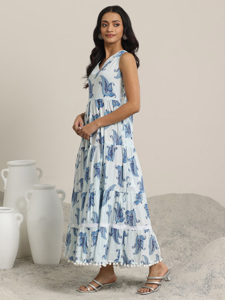 White Printed Cotton Fit and Flare One Piece Dress