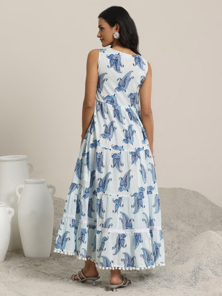 White Printed Cotton Fit and Flare One Piece Dress