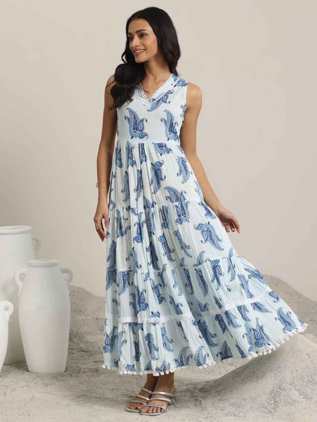 White Printed Cotton Fit and Flare One Piece Dress