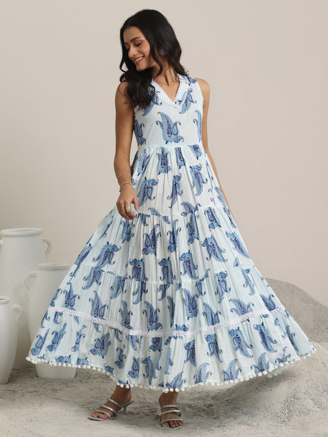 White Printed Cotton Fit and Flare One Piece Dress