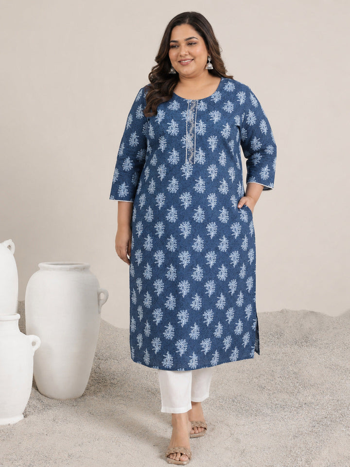 Plus Size Blue Printed Cotton Straight Kurta