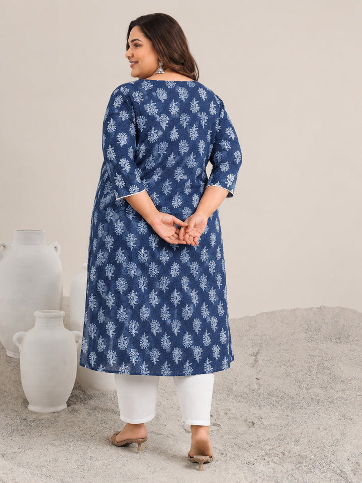 Plus Size Blue Printed Cotton Straight Kurta