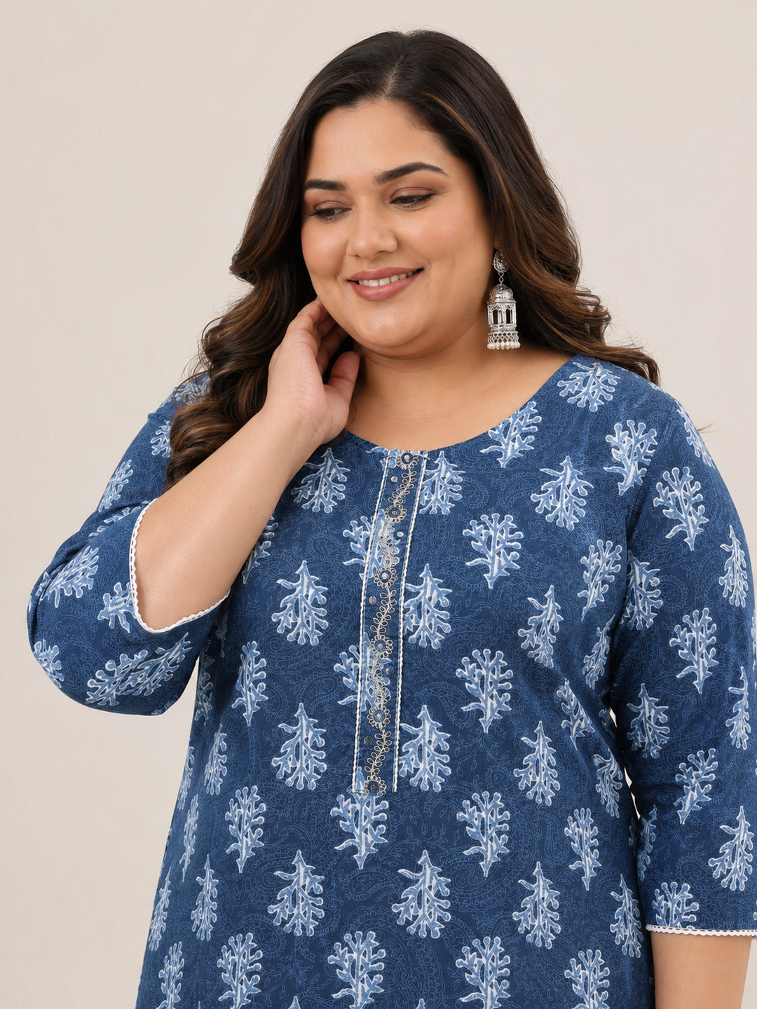 Plus Size Blue Printed Cotton Straight Kurta