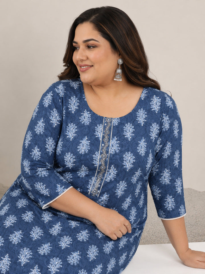 Plus Size Blue Printed Cotton Straight Kurta