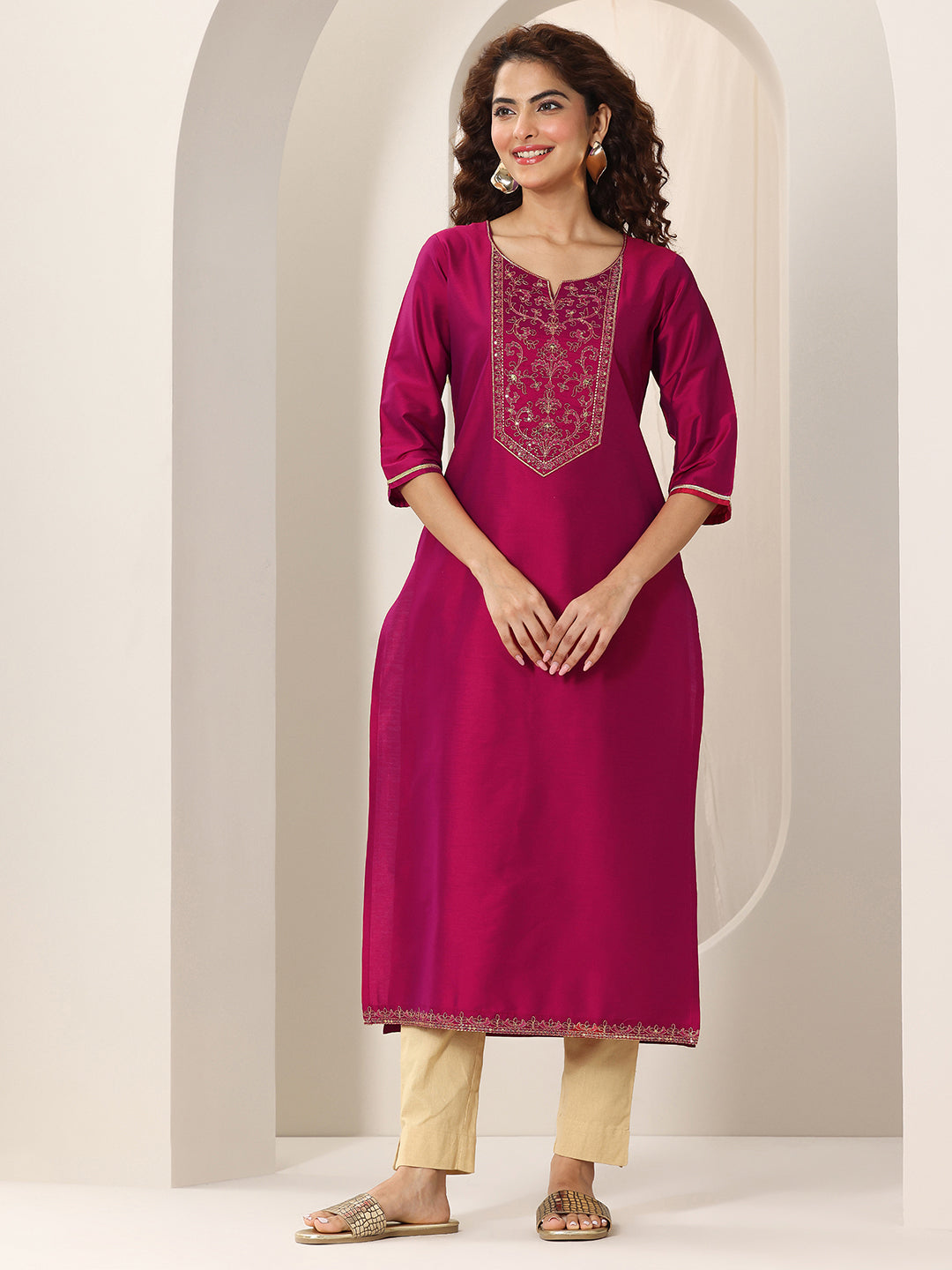 Pink Yoke Design Silk Straight Kurta