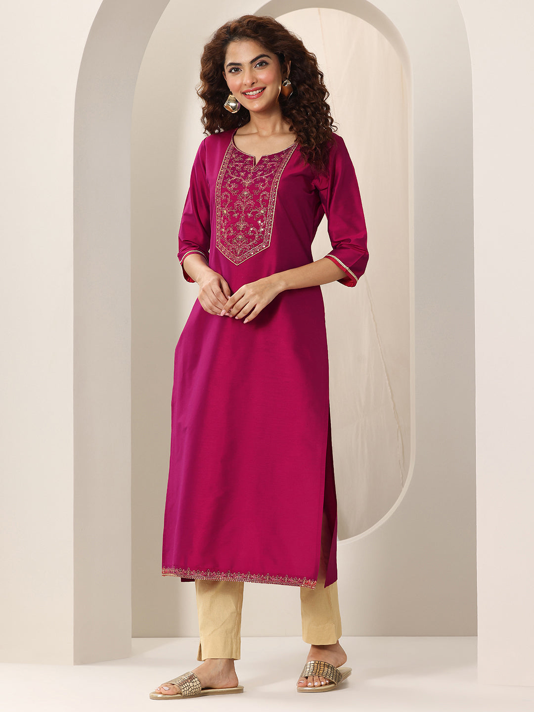 Pink Yoke Design Silk Straight Kurta