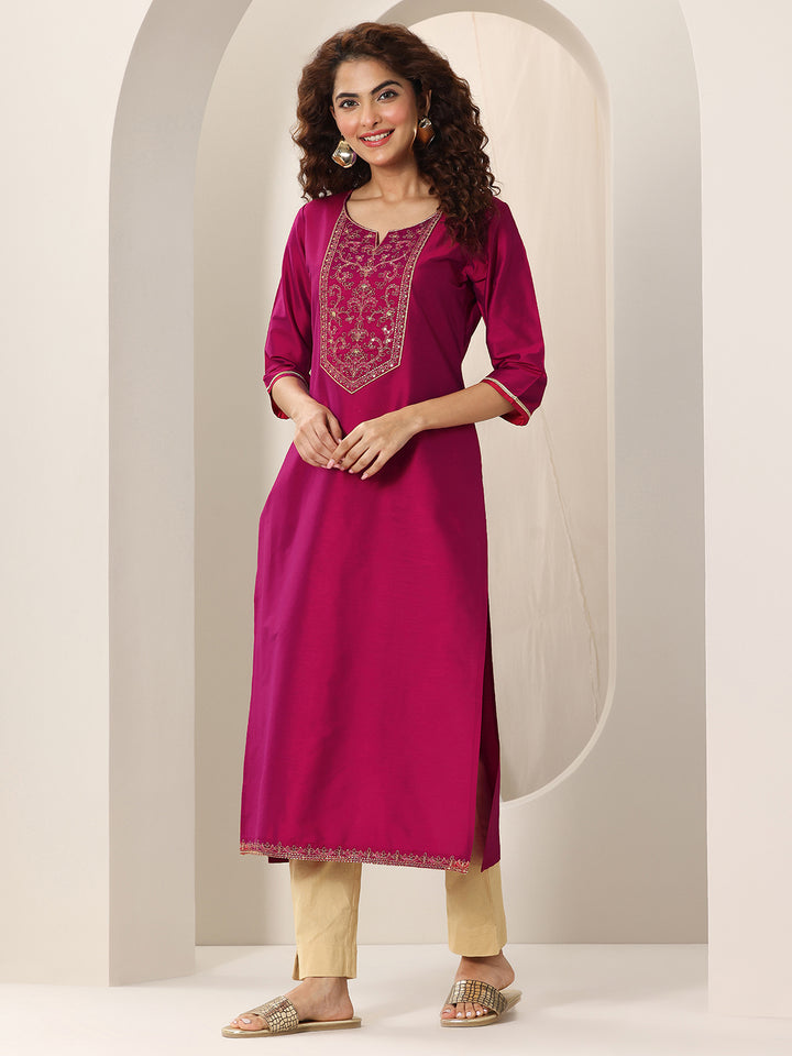 Pink Yoke Design Silk Straight Kurta