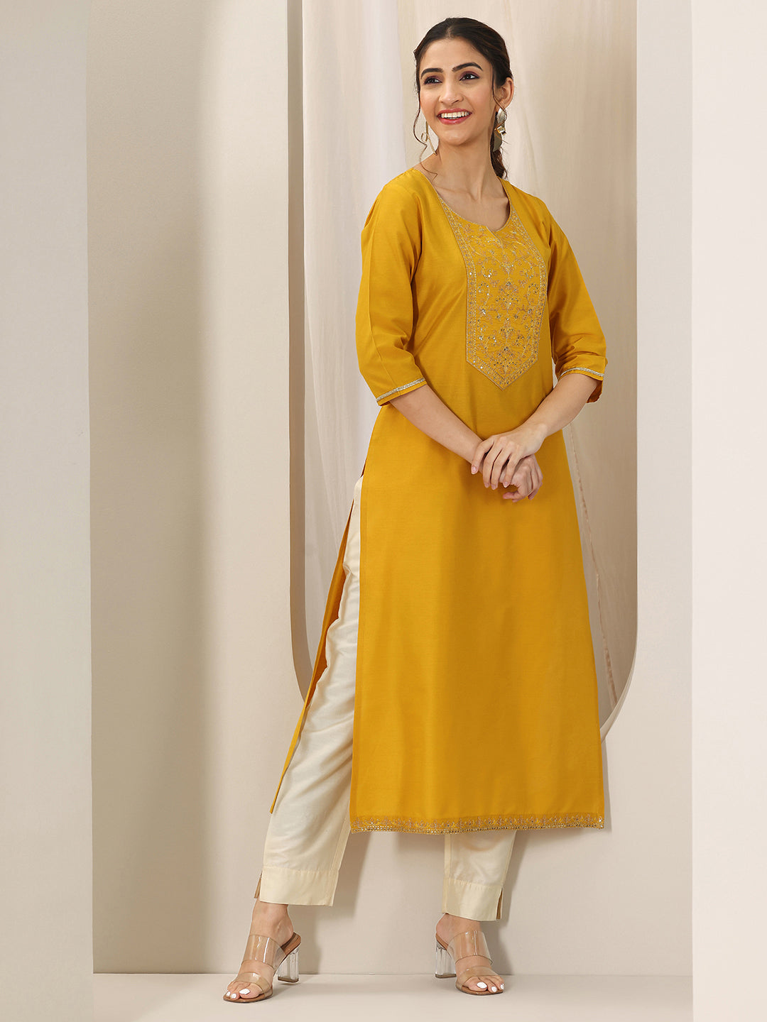 Mustard Yoke Design Silk Straight Kurta