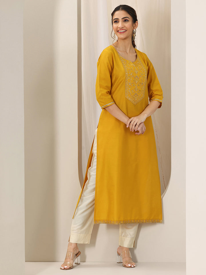 Mustard Yoke Design Silk Straight Kurta