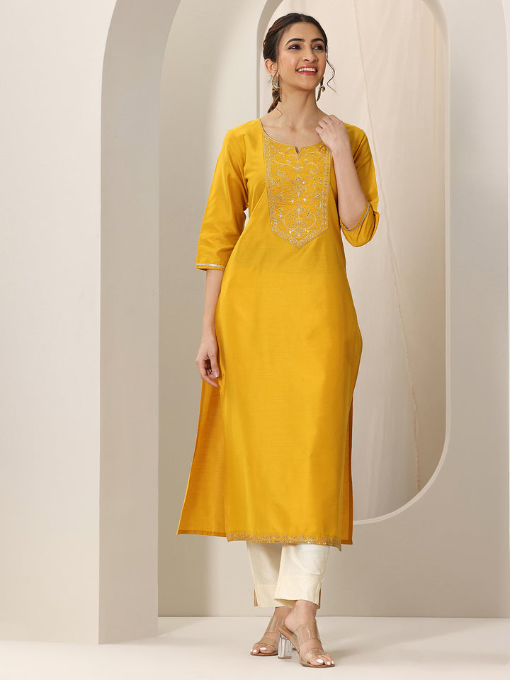 Mustard Yoke Design Silk Straight Kurta