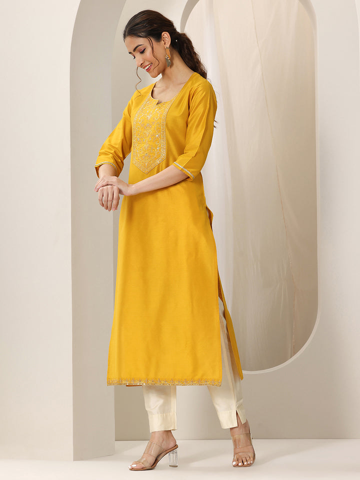 Mustard Yoke Design Silk Straight Kurta