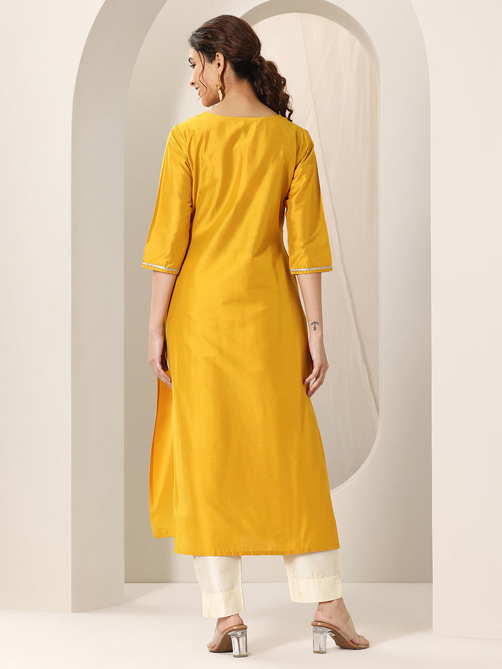 Mustard Yoke Design Silk Straight Kurta