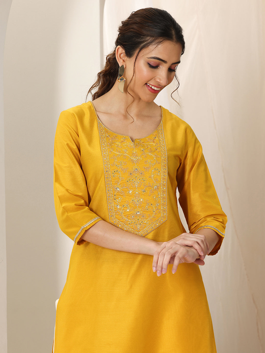 Mustard Yoke Design Silk Straight Kurta