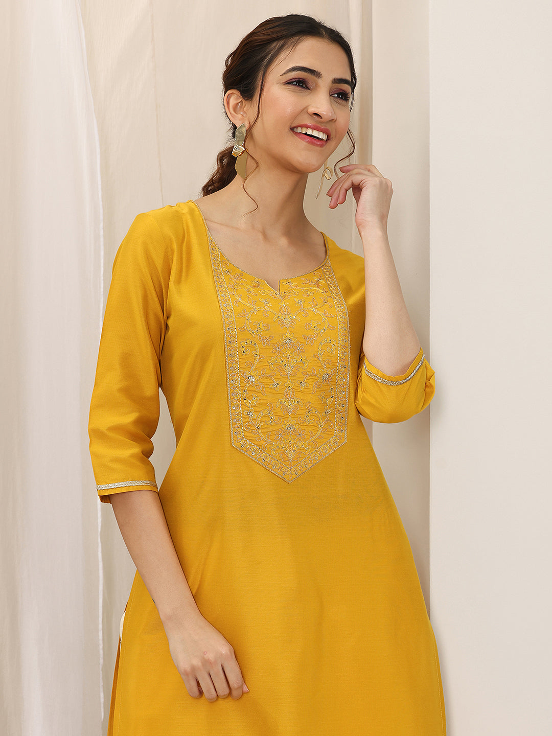 Mustard Yoke Design Silk Straight Kurta