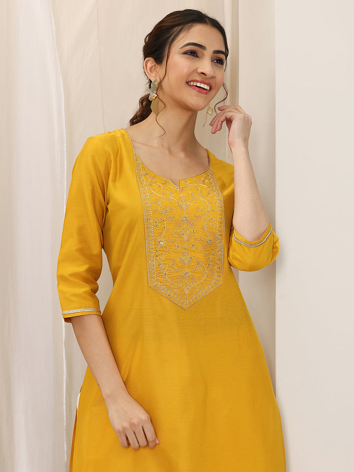 Mustard Yoke Design Silk Straight Kurta