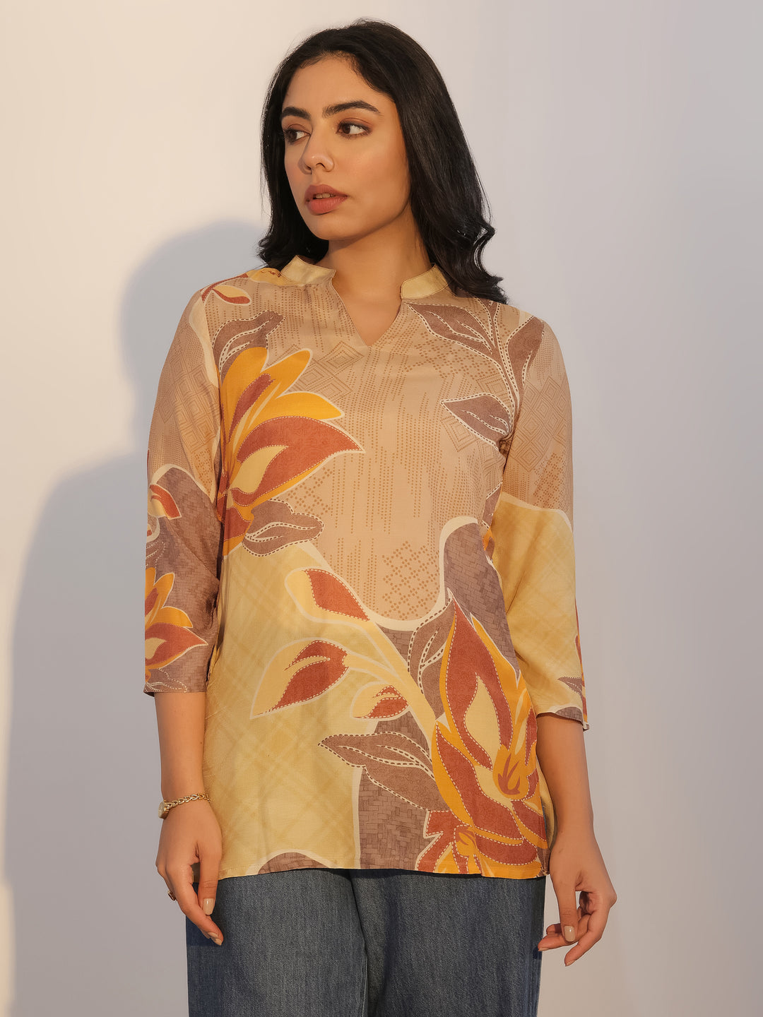 Beige Printed Silk Blend Tunic