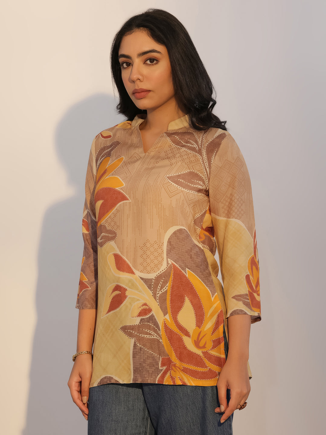 Beige Printed Silk Blend Tunic