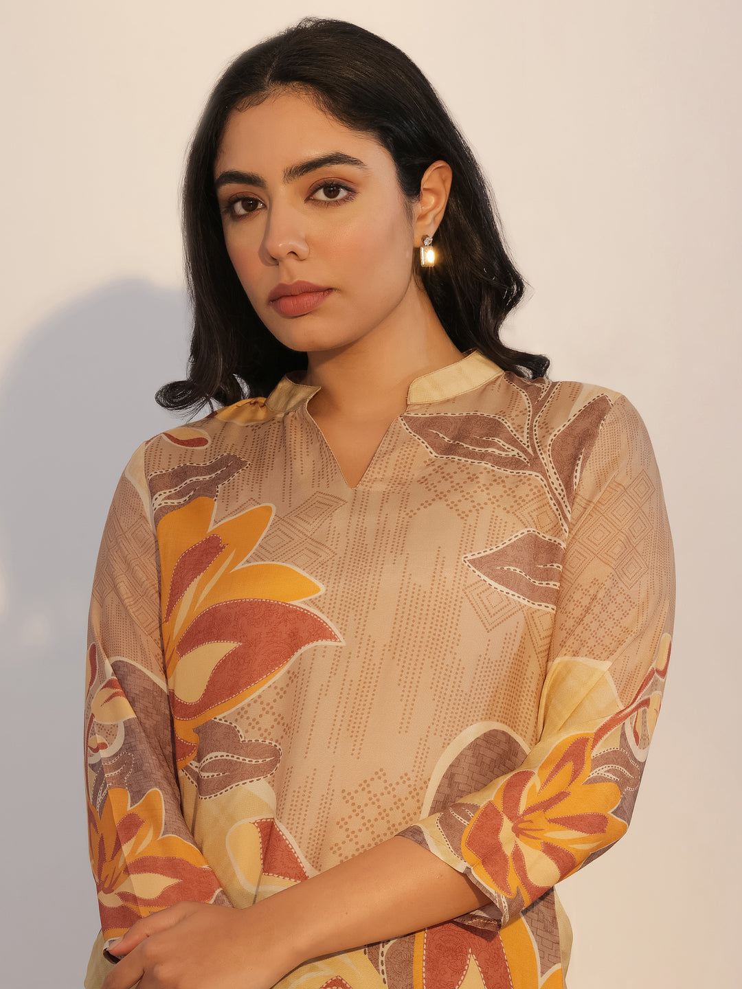 Beige Printed Silk Blend Tunic