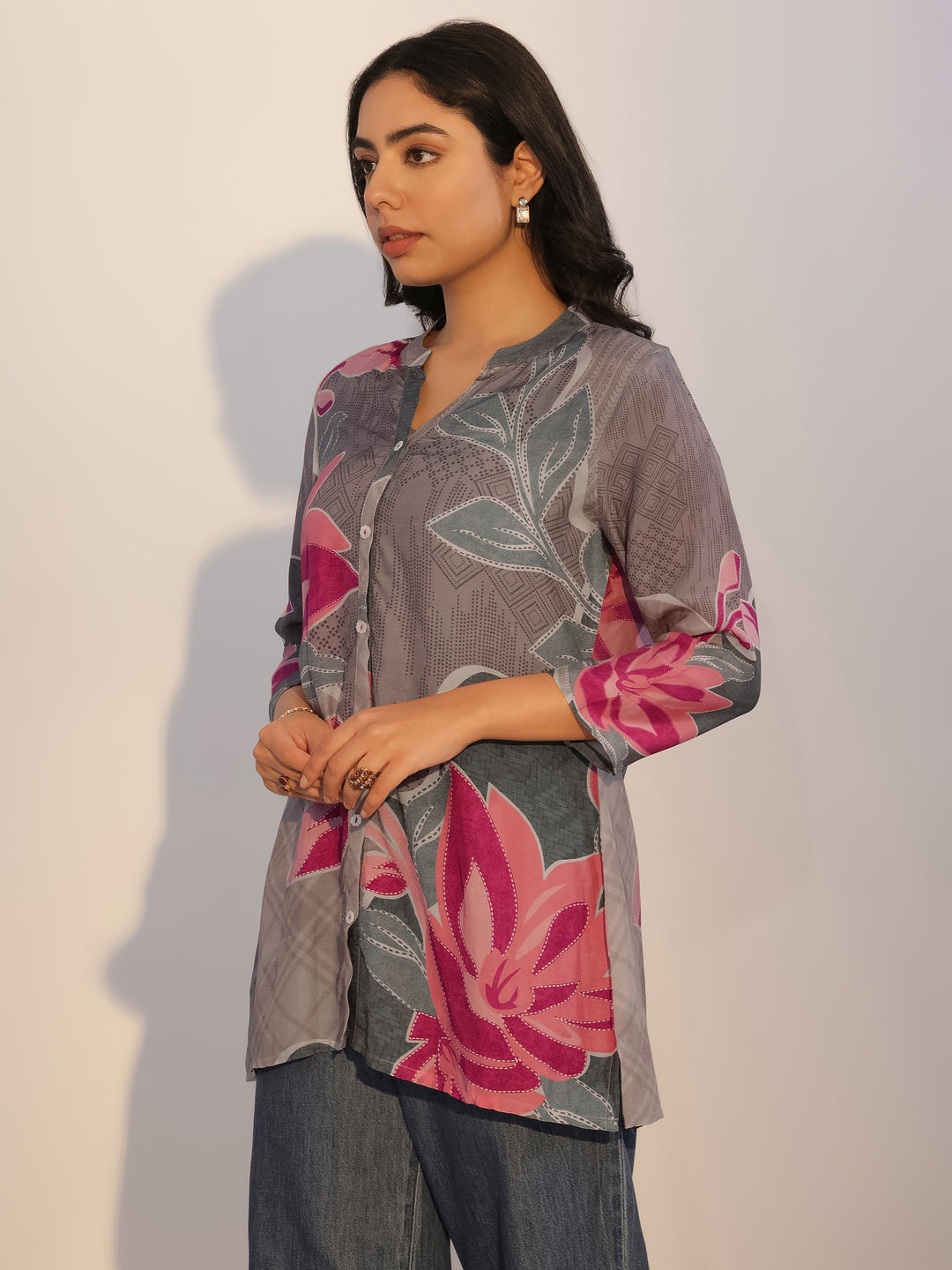 Grey Printed Silk Blend Tunic