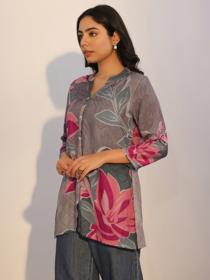 Grey Printed Silk Blend Tunic