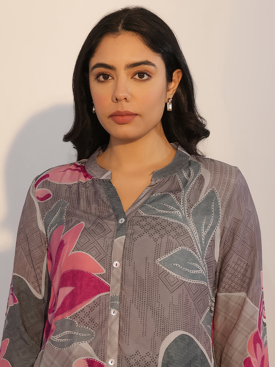 Grey Printed Silk Blend Tunic