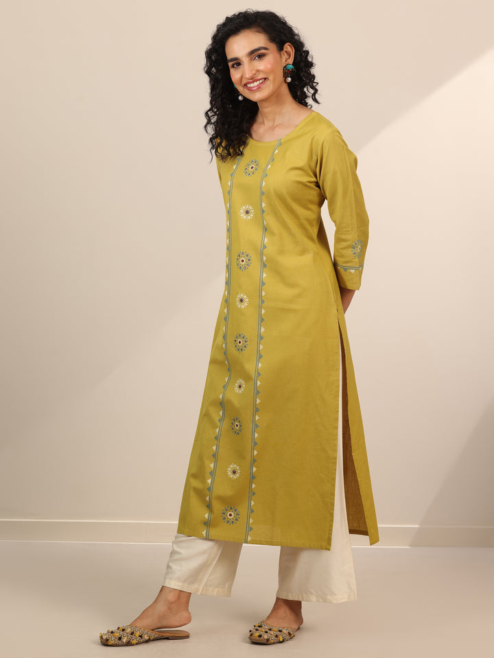 Yellow Printed Cotton Blend Straight Kurta