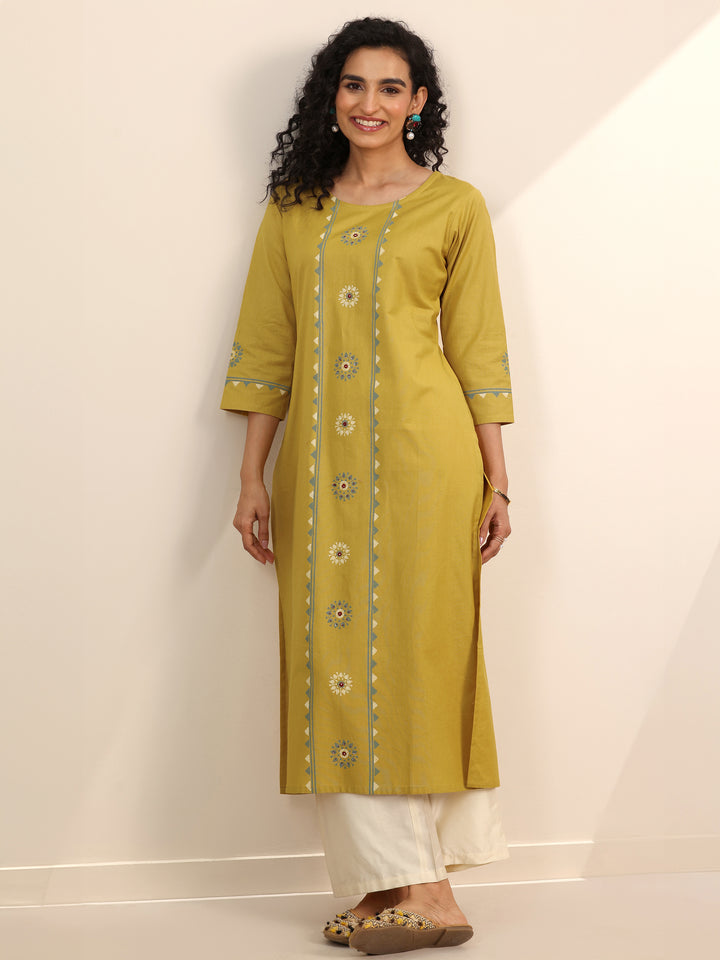 Yellow Printed Cotton Blend Straight Kurta