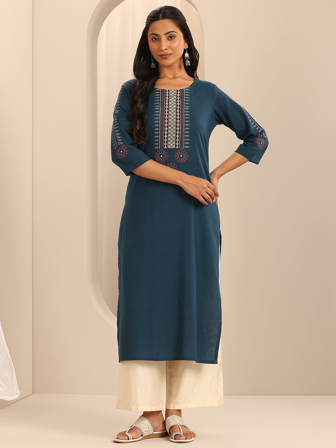 Navy Printed Cotton Blend Straight Kurta