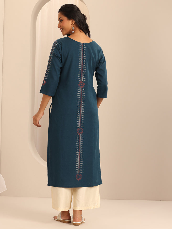 Navy Printed Cotton Blend Straight Kurta