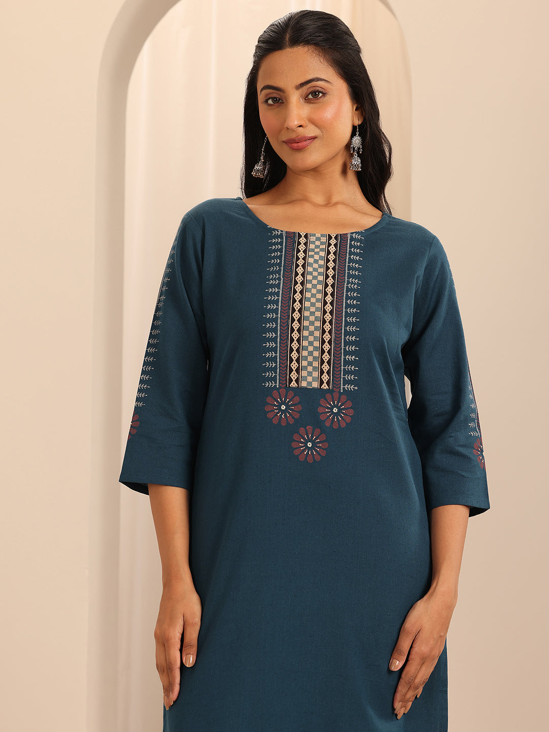 Navy Printed Cotton Blend Straight Kurta