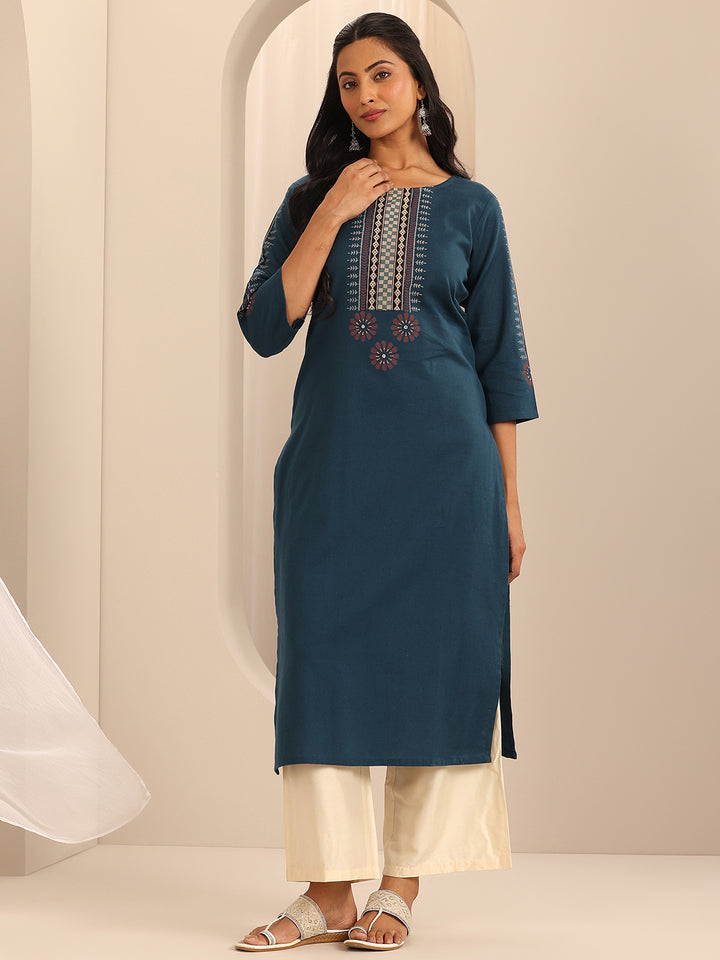 Navy Printed Cotton Blend Straight Kurta