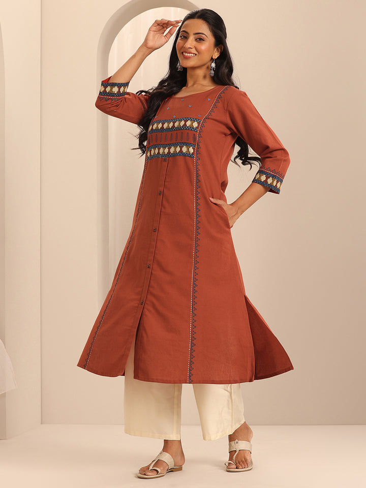 Rust Printed Cotton Blend A-Line Kurta