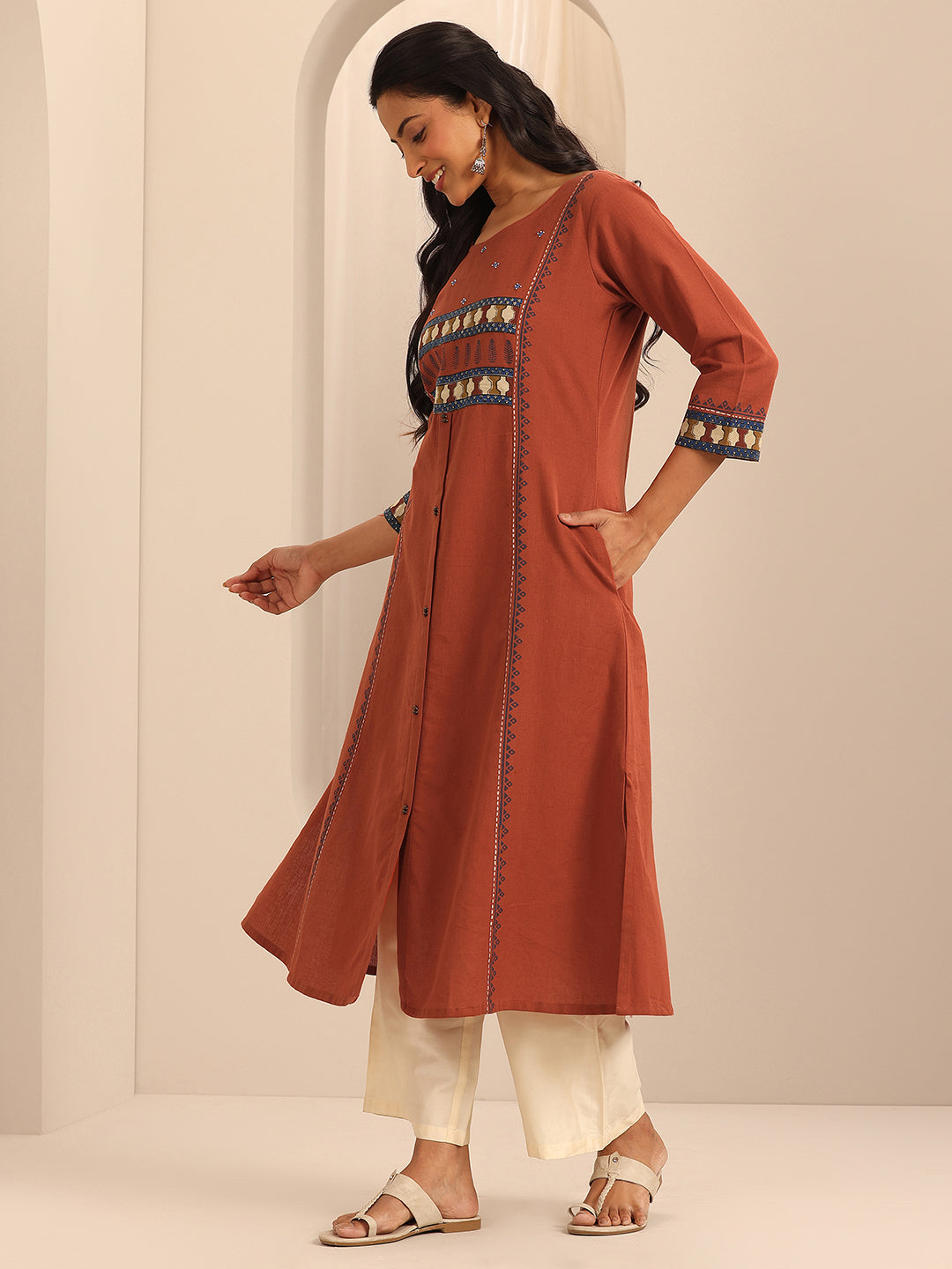 Rust Printed Cotton Blend A-Line Kurta